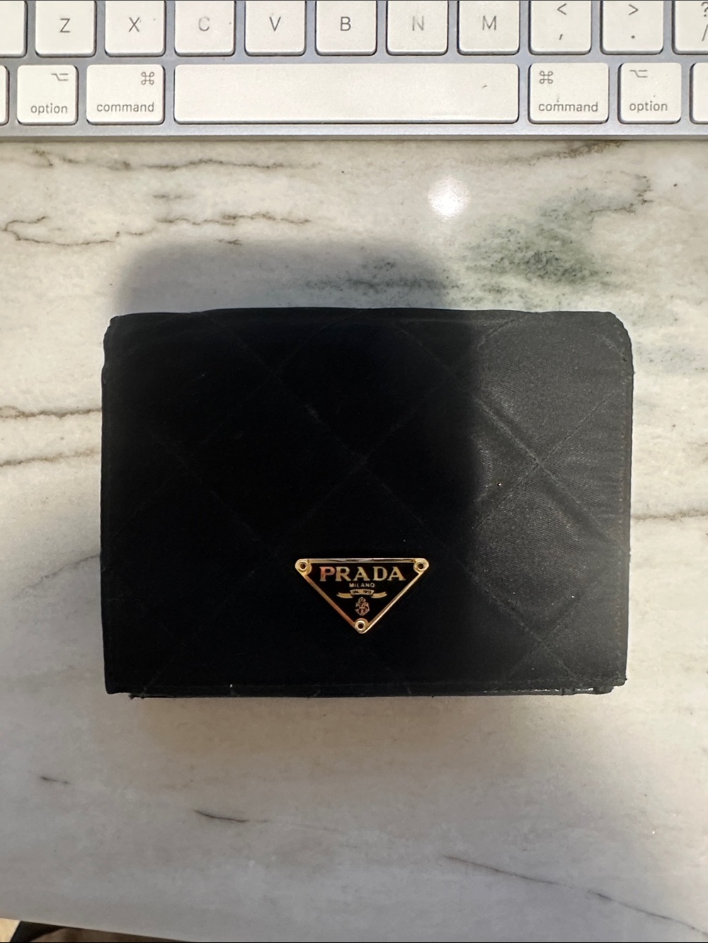 Prada Black Quilted Card Holder with Gold Triangle Logo